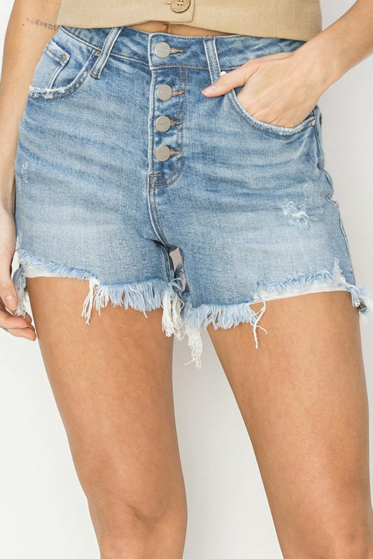 RISEN Button Fly Frayed Hem Denim Shorts - Abundia House