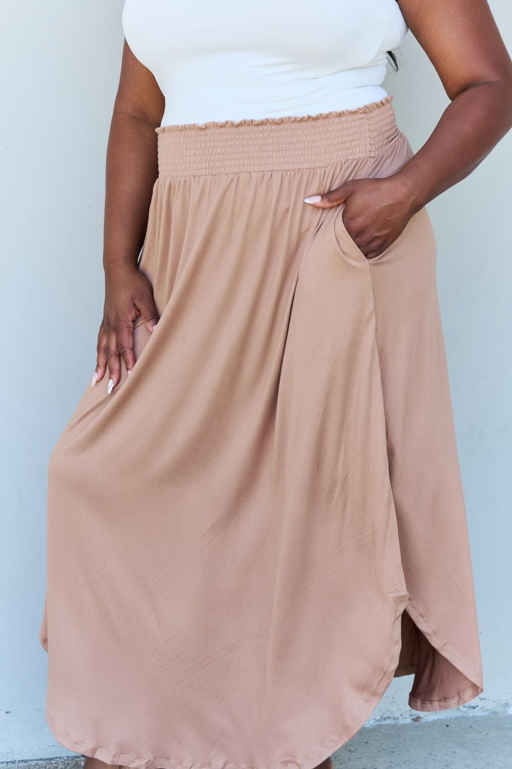 Doublju Comfort Princess Full Size High Waist Scoop Hem Maxi Skirt in Tan - Abundia House