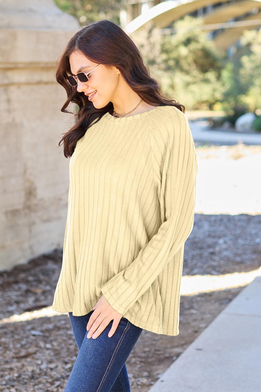 Basic Bae Full Size Ribbed Round Neck Long Sleeve Knit Top - Abundia House