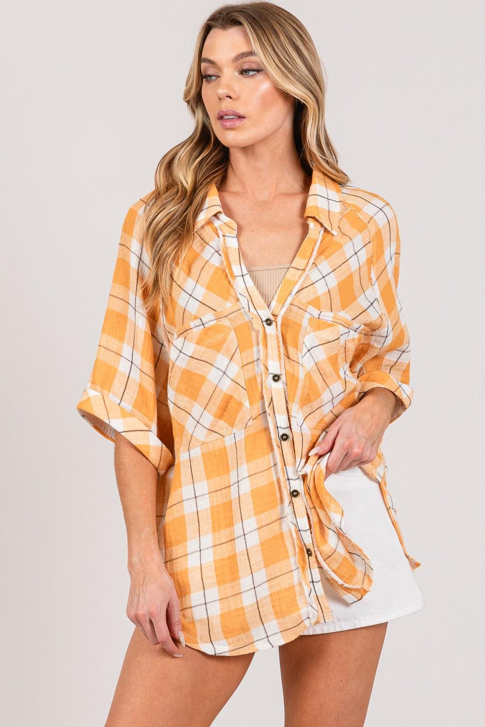 SAGE + FIG Plaid Button Up Side Slit Shirt - Abundia House