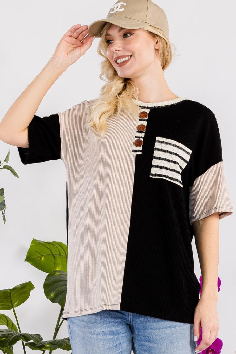 Celeste Full Size Rib Contrast Short Sleeve T-Shirt - Abundia House