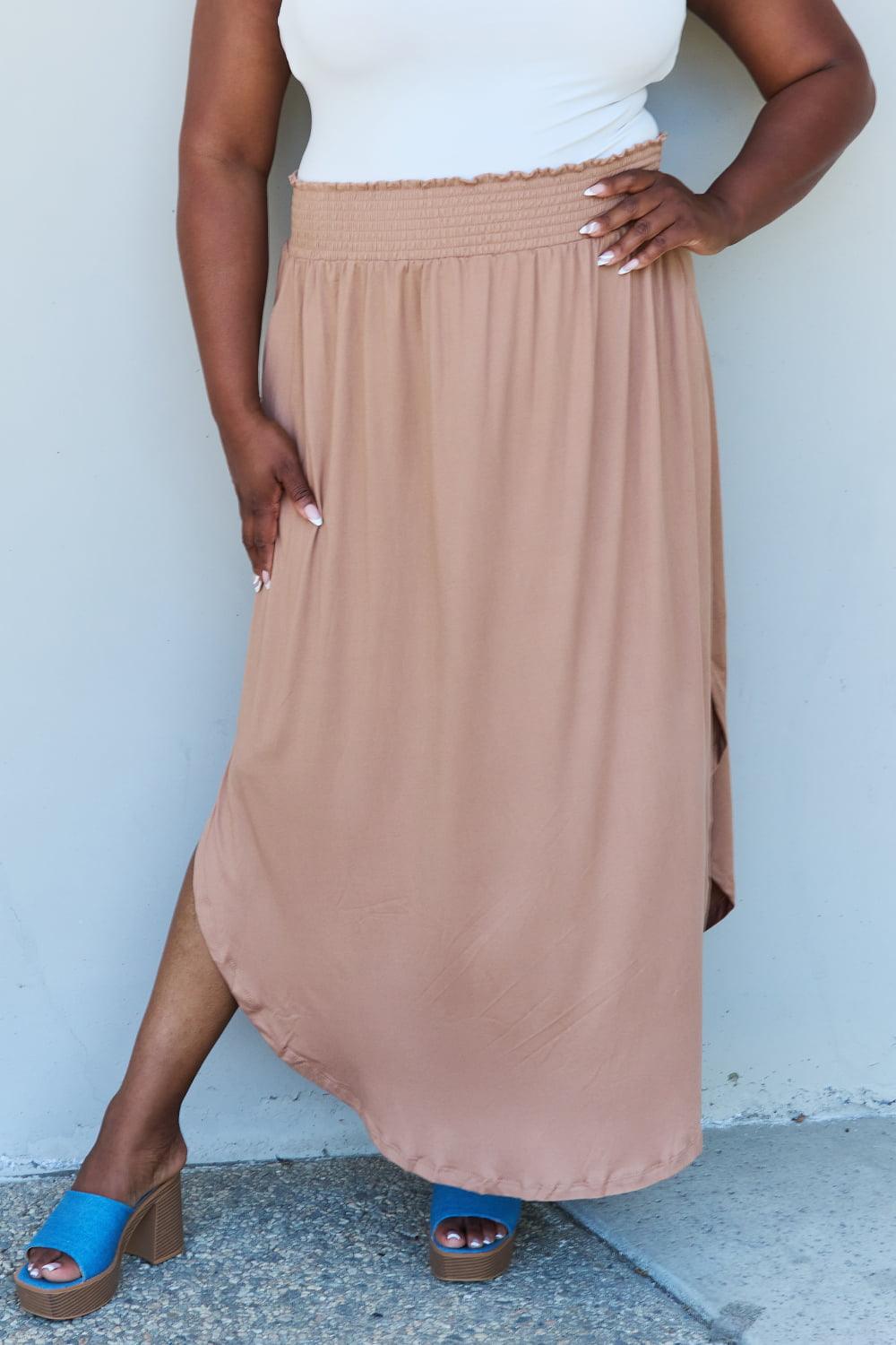 Doublju Comfort Princess Full Size High Waist Scoop Hem Maxi Skirt in Tan - Abundia House