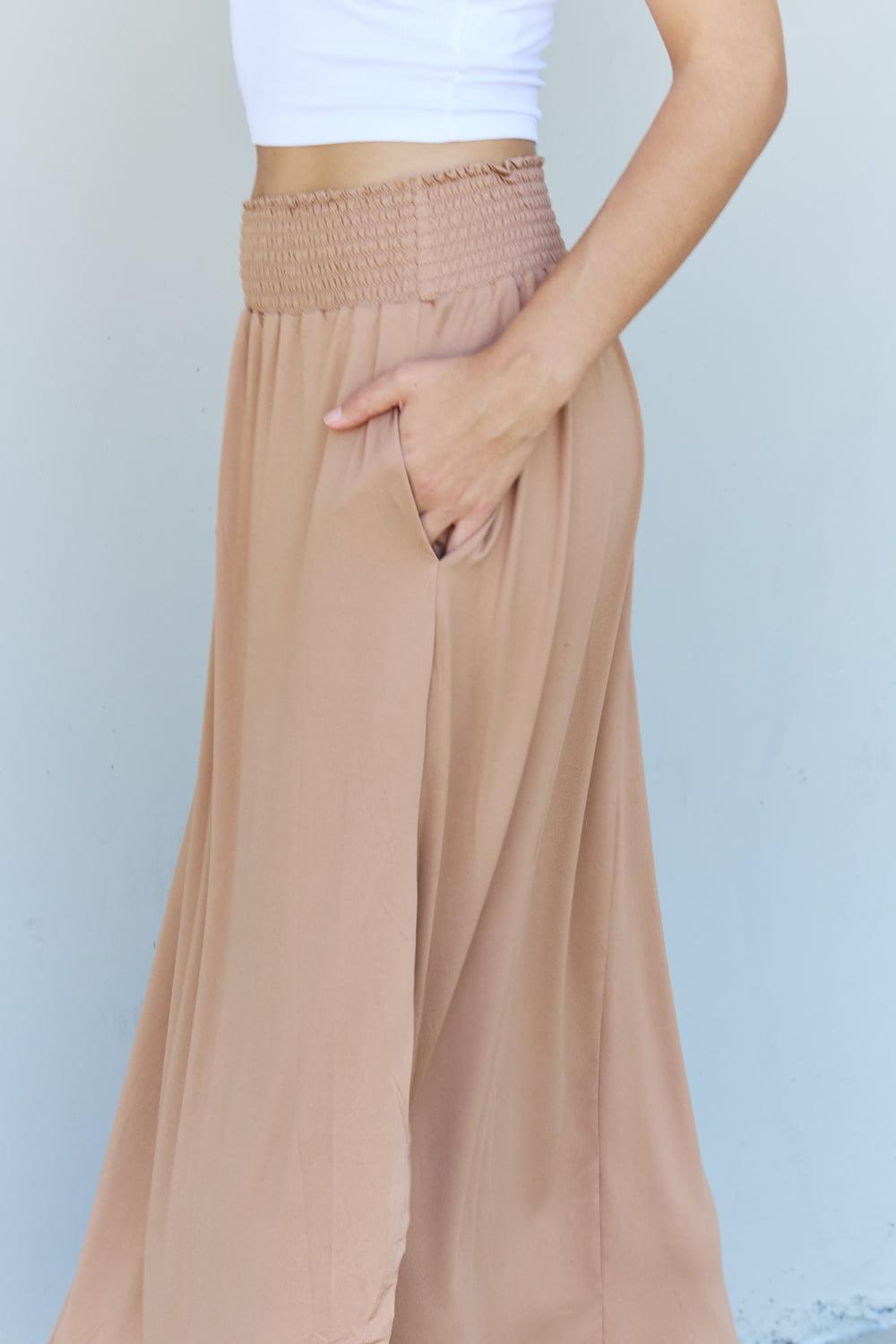 Doublju Comfort Princess Full Size High Waist Scoop Hem Maxi Skirt in Tan - Abundia House