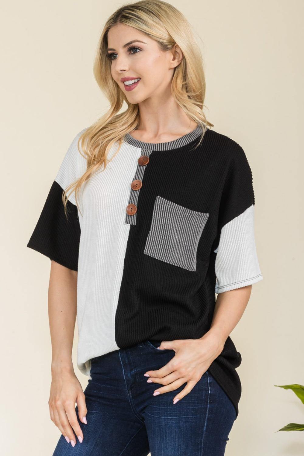 Celeste Full Size Ribbed Color Block Short Sleeve T-Shirt - Abundia House