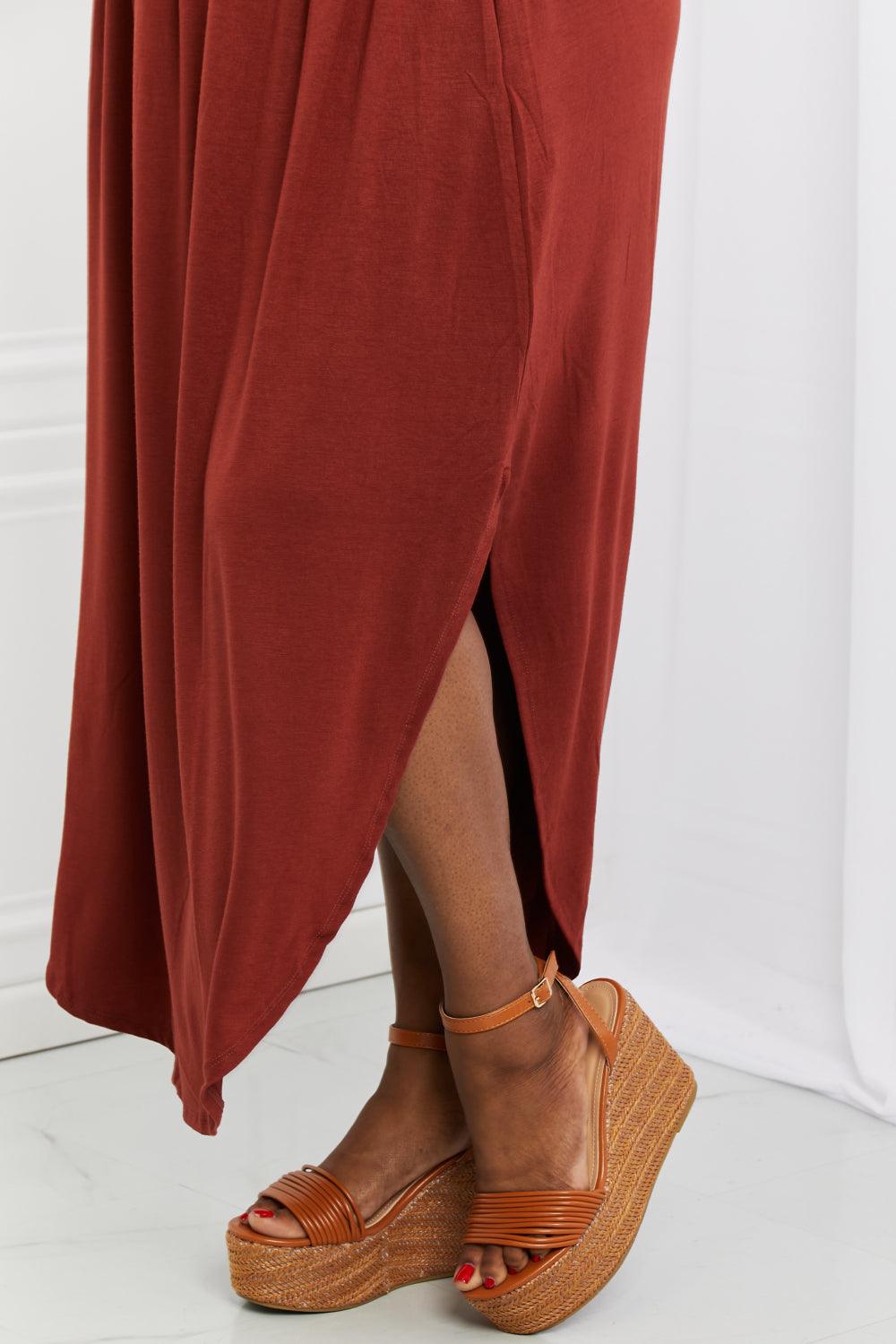 Zenana It's My Time Full Size Side Scoop Scrunch Skirt in Dark Rust - Abundia House