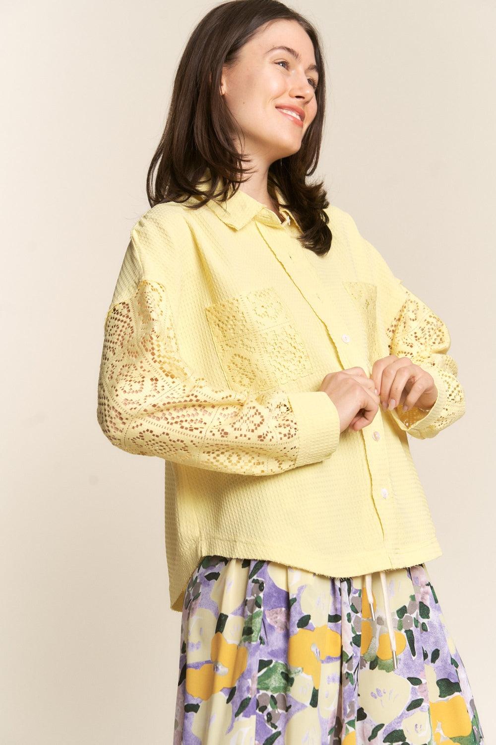 J.NNA Button Down Lace Long Sleeve Waffle Shirt - Abundia House