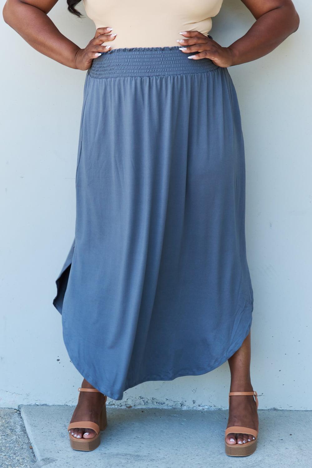 Doublju Comfort Princess Full Size High Waist Scoop Hem Maxi Skirt in Dusty Blue - Abundia House