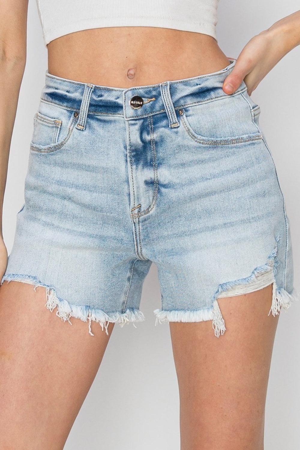 RISEN High Waist Frayed Detail Denim Shorts - Abundia House