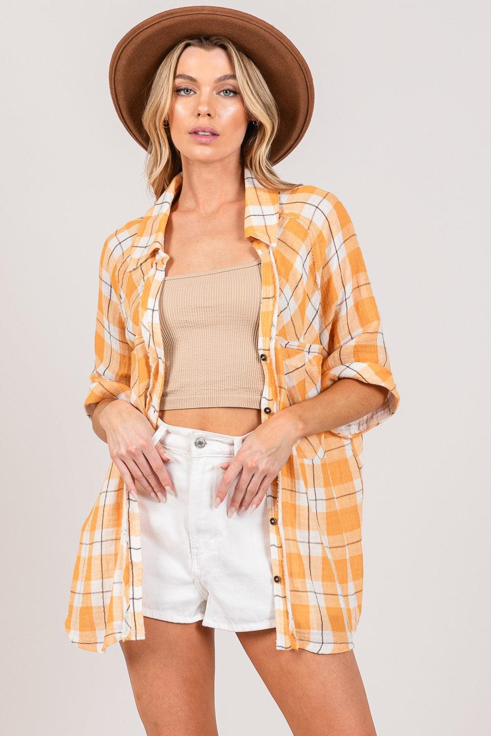 SAGE + FIG Plaid Button Up Side Slit Shirt - Abundia House