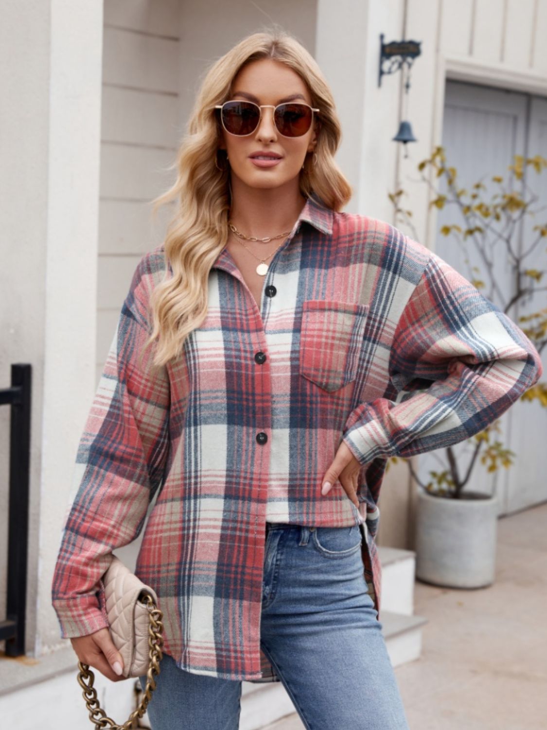 Pocketed Plaid Collared Neck Long Sleeve Shirt - Abundia House