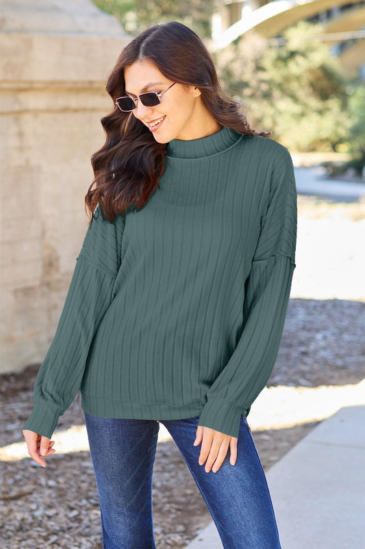 Basic Bae Full Size Ribbed Exposed Seam Mock Neck Knit Top - Abundia House