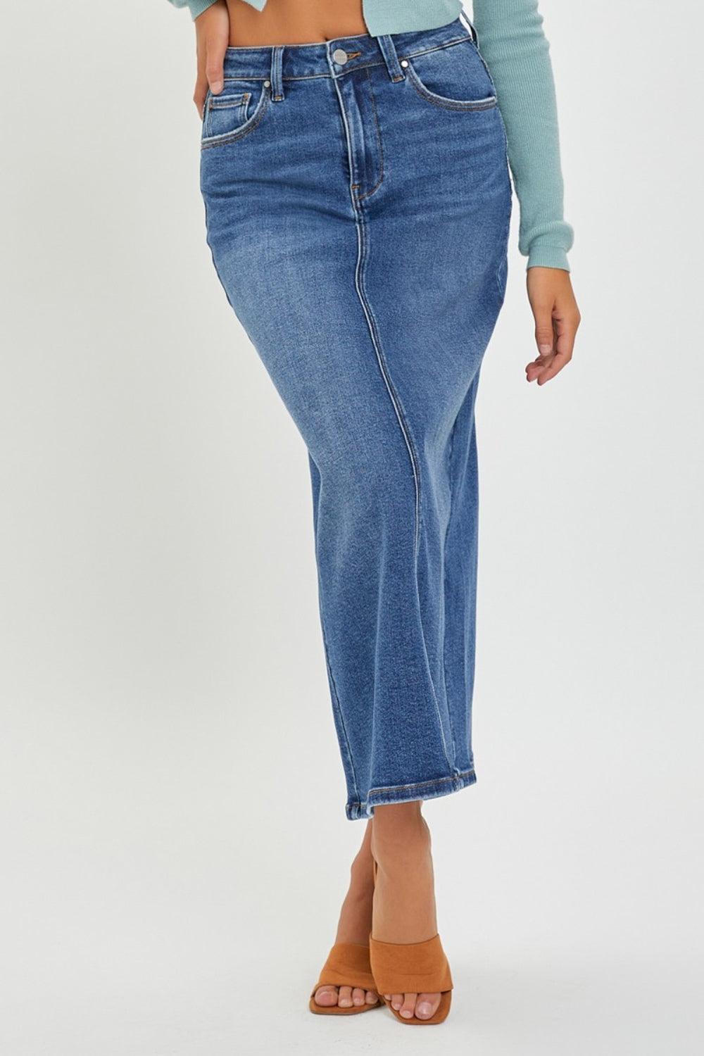 RISEN High Rise Back Slit Denim Skirt - Abundia House