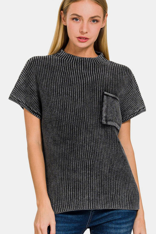 Zenana Pocketed Mock Neck Short Sleeve Sweater - Abundia House