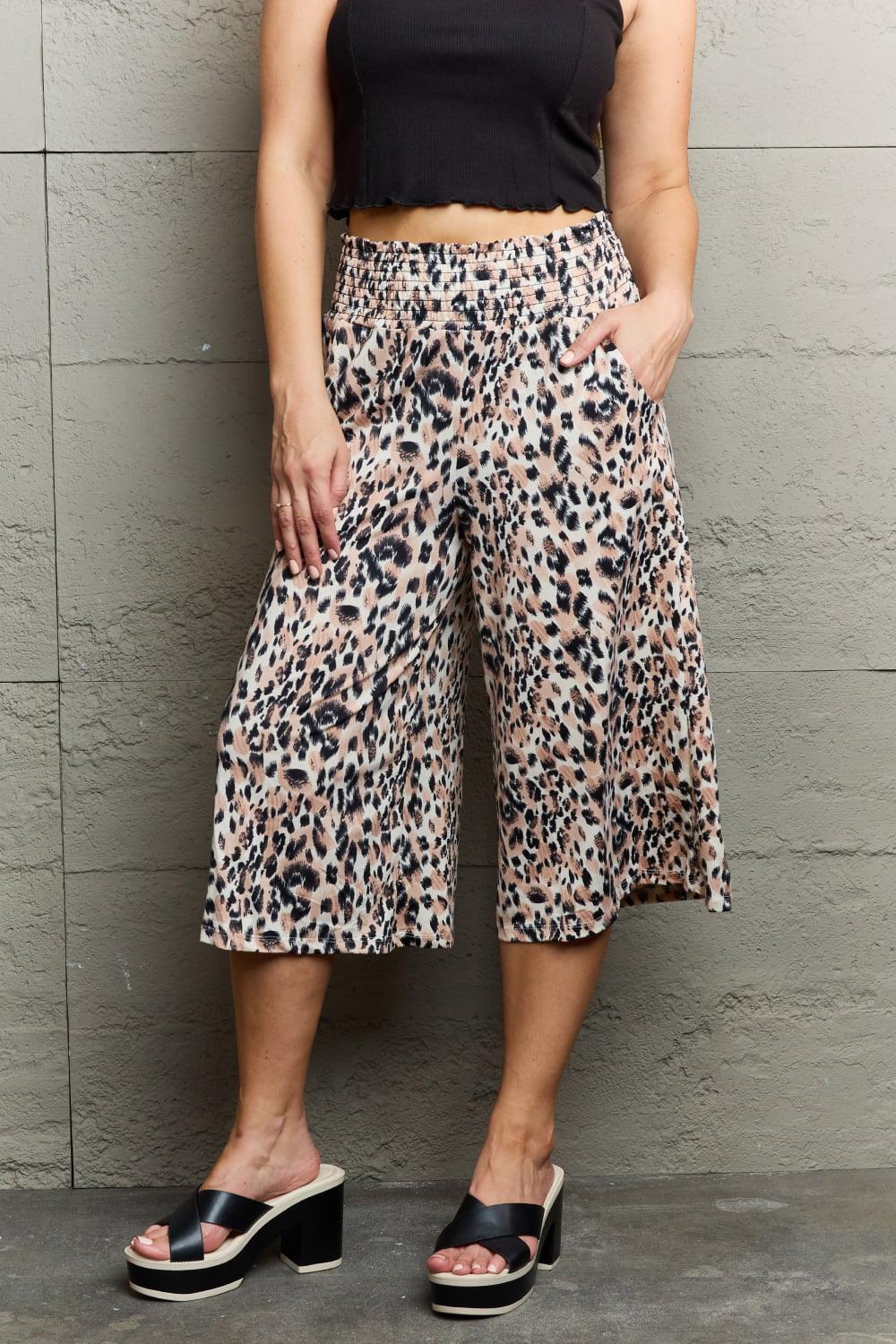 Ninexis Leopard High Waist Flowy Wide Leg Pants with Pockets - Abundia House