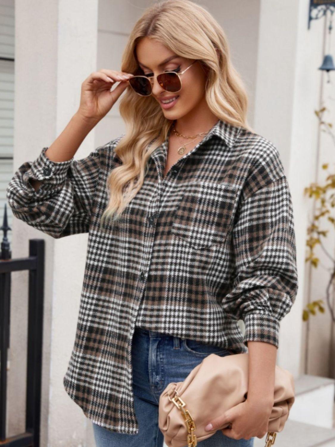 Pocketed Plaid Collared Neck Long Sleeve Shirt - Abundia House