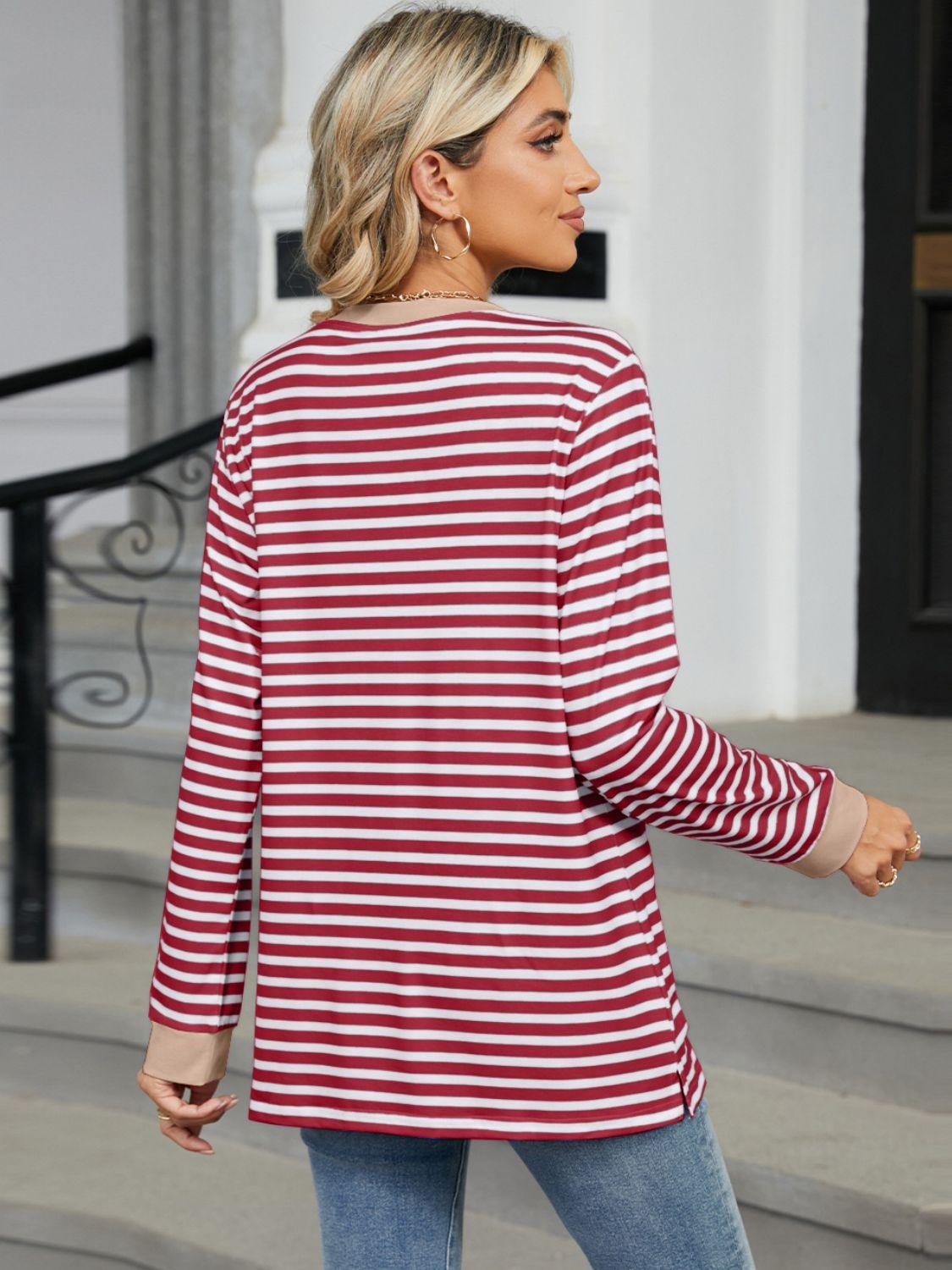 Pocketed Striped Round Neck Long Sleeve T-Shirt - Abundia House