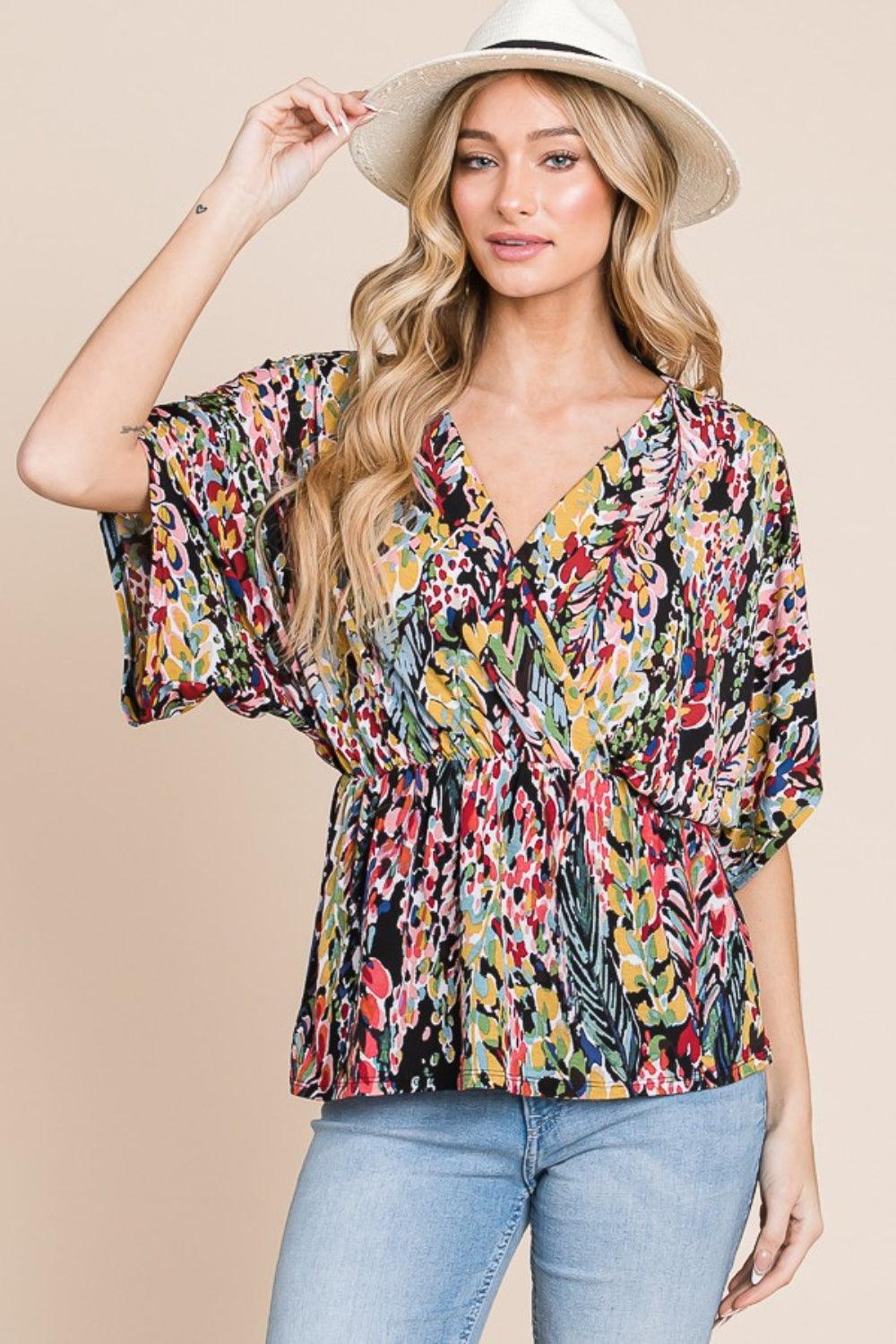 BOMBOM Printed Surplice Peplum Blouse - Abundia House