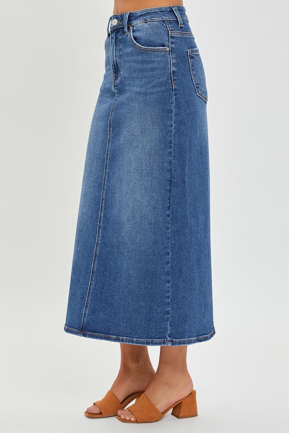 RISEN High Rise Back Slit Denim Skirt - Abundia House