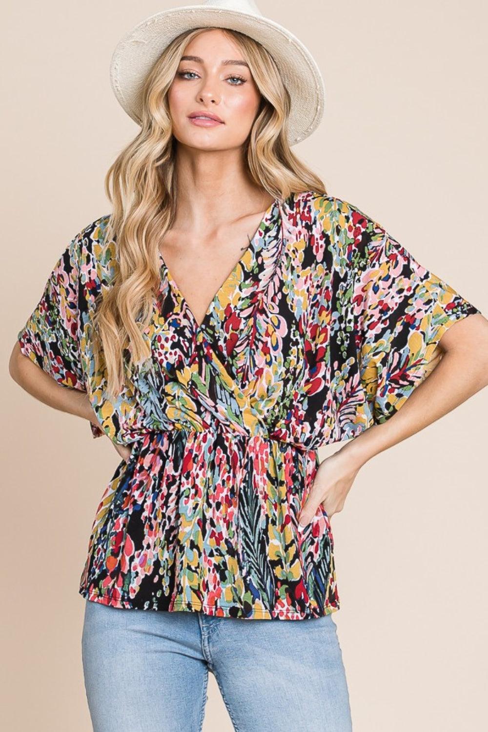 BOMBOM Printed Surplice Peplum Blouse - Abundia House