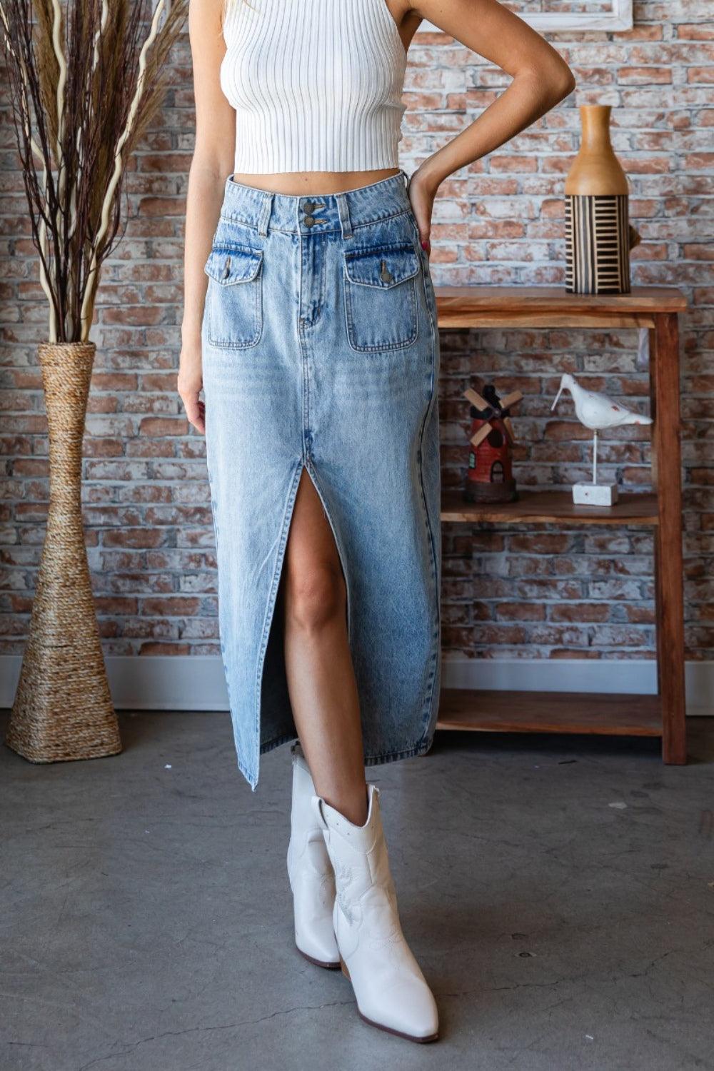 Veveret Slit Mid Rise Waist Denim Skirt - Abundia House