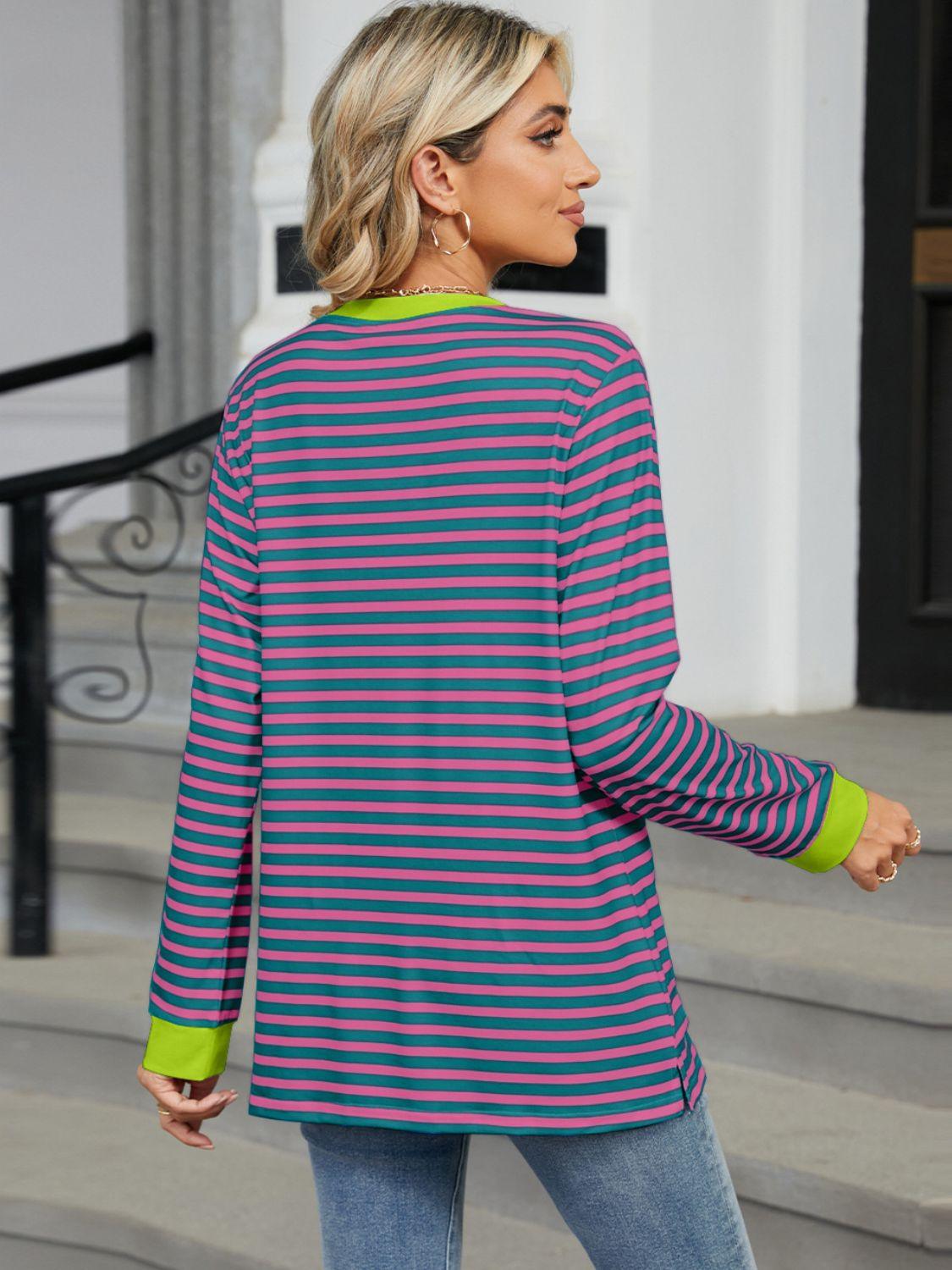 Pocketed Striped Round Neck Long Sleeve T-Shirt - Abundia House