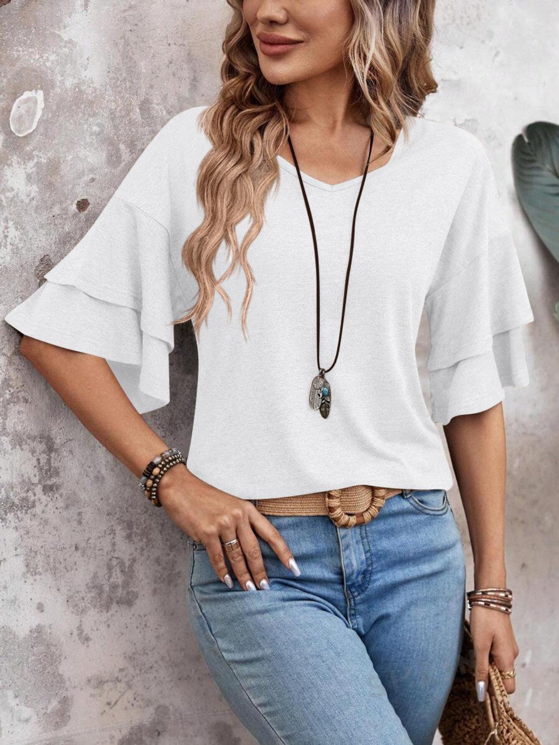 V-Neck Half Sleeve Blouse - Abundia House