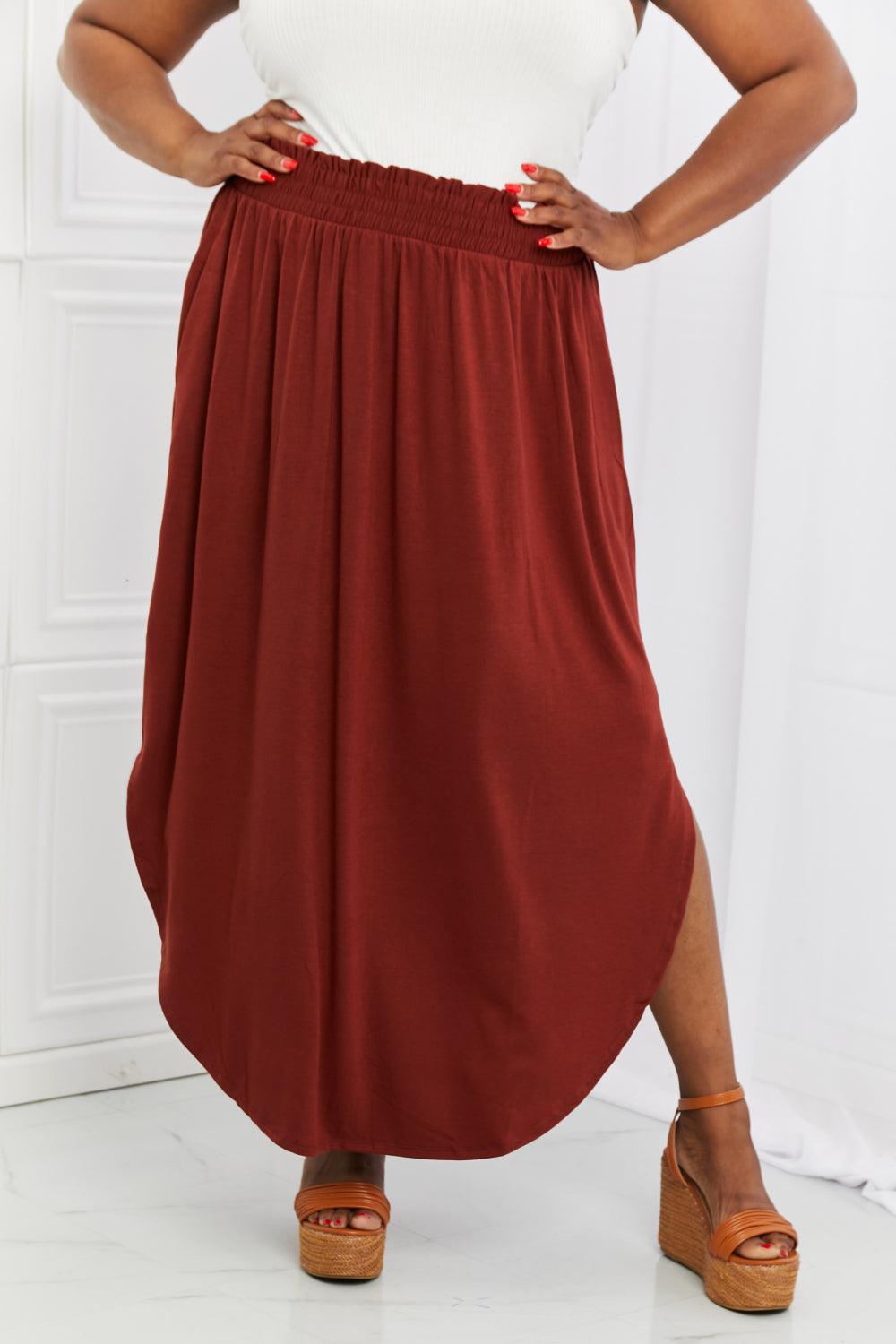 Zenana It's My Time Full Size Side Scoop Scrunch Skirt in Dark Rust - Abundia House