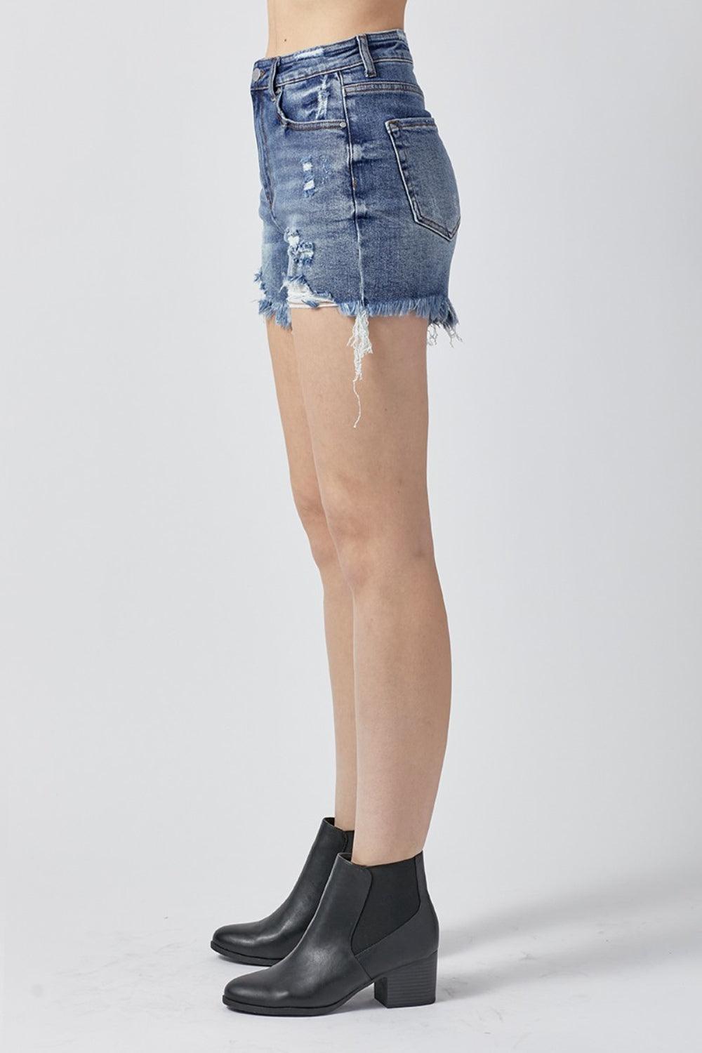 RISEN High Rise Distressed Denim Shorts - Abundia House