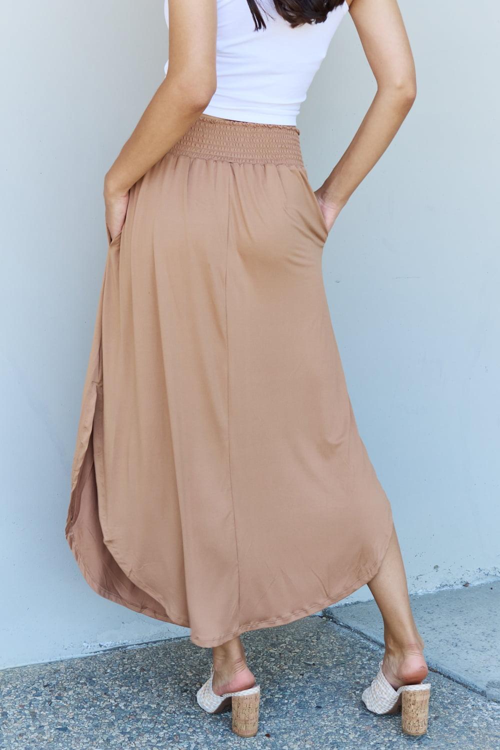 Doublju Comfort Princess Full Size High Waist Scoop Hem Maxi Skirt in Tan - Abundia House