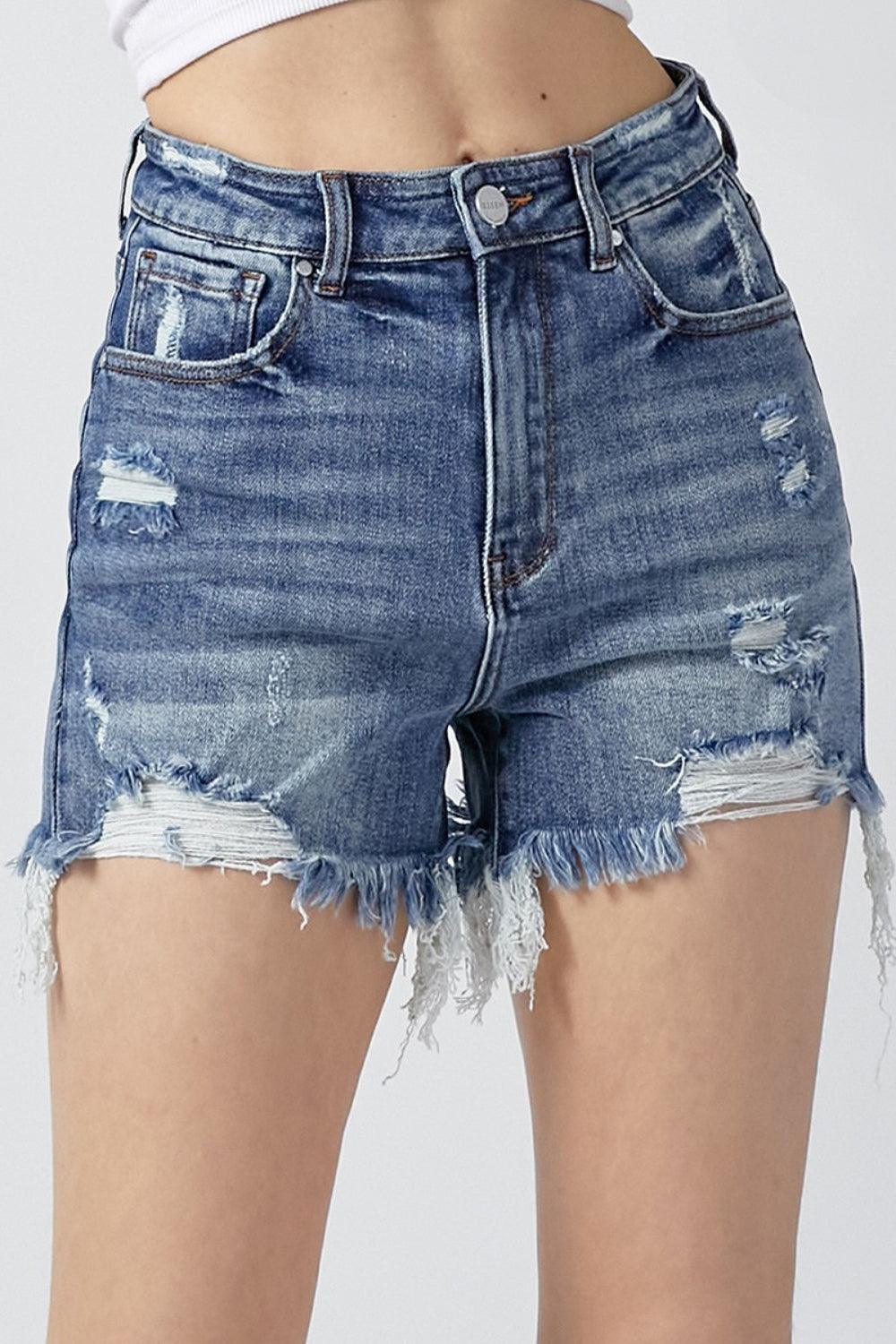 RISEN High Rise Distressed Denim Shorts - Abundia House