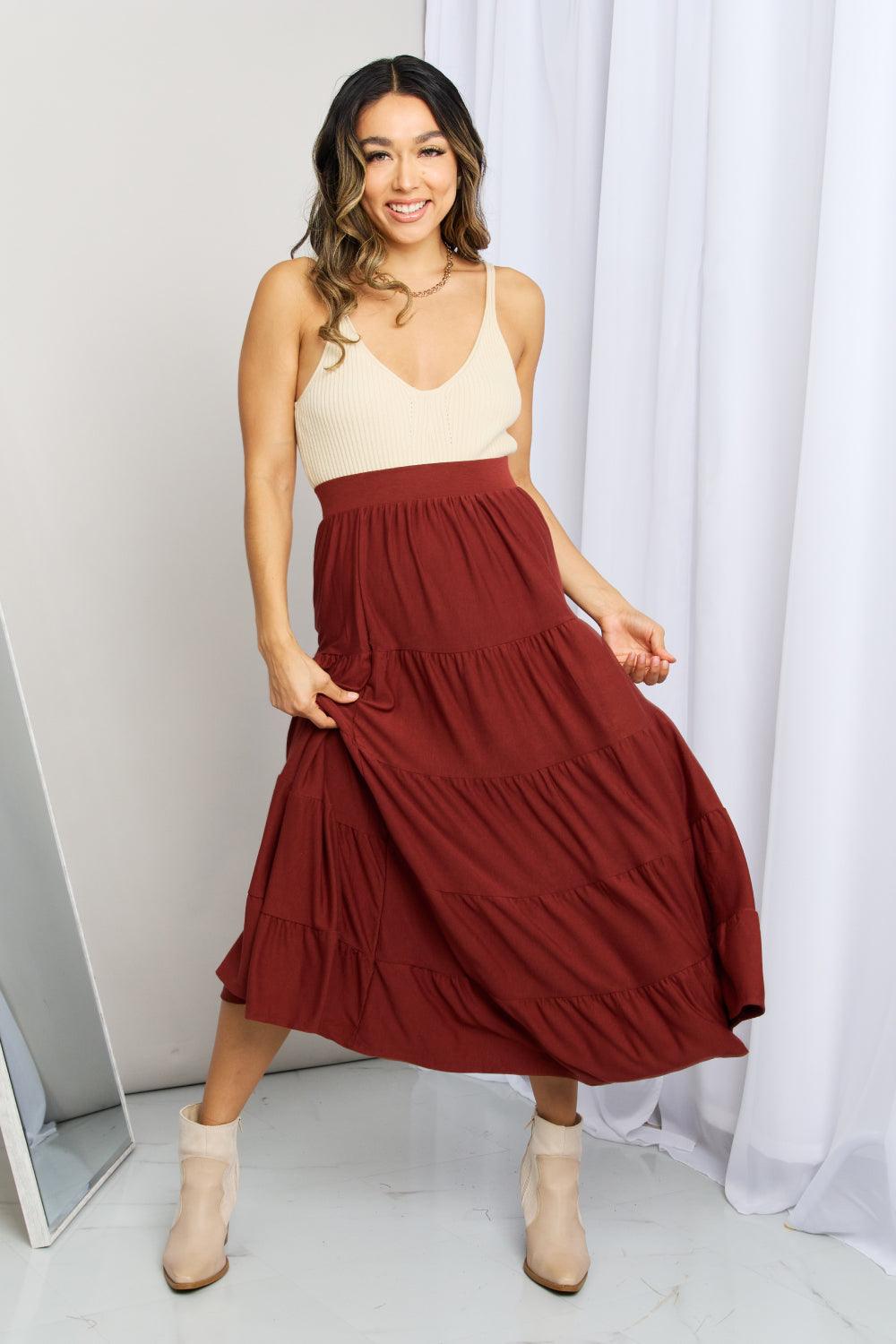 Zenana Full Size Wide Waistband Tiered Midi Skirt - Abundia House