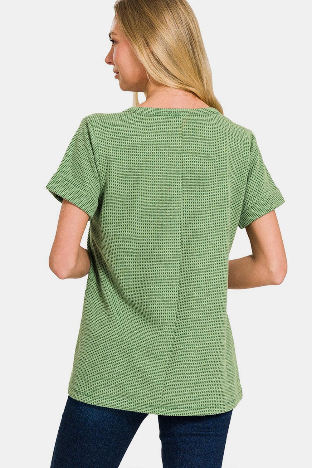 Zenana Waffle Notched Short Sleeve T-Shirt - Abundia House