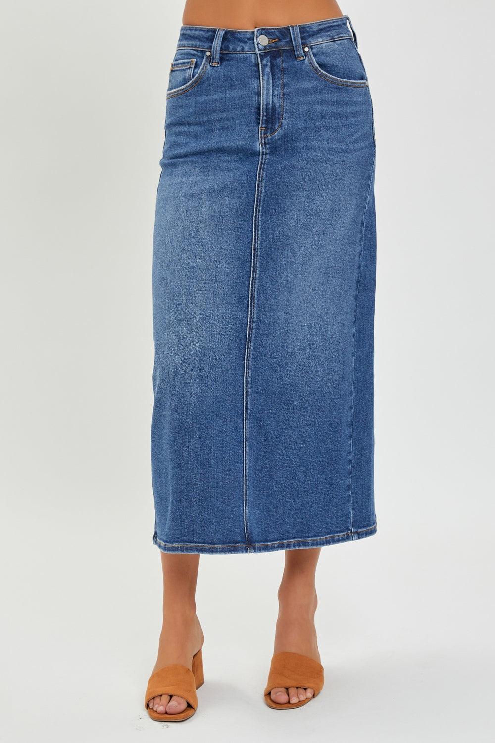 RISEN High Rise Back Slit Denim Skirt - Abundia House