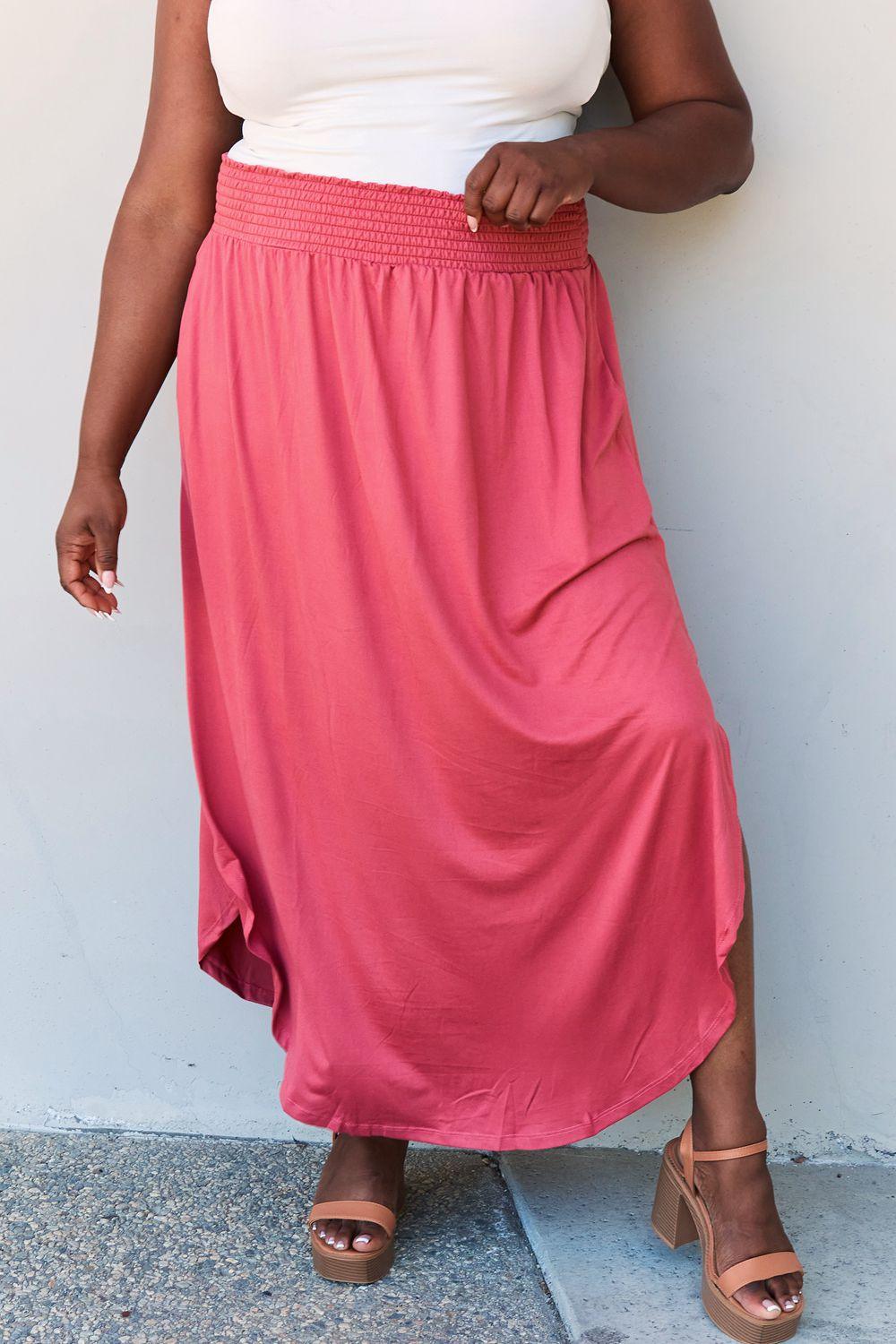 Doublju Comfort Princess Full Size High Waist Scoop Hem Maxi Skirt in Hot Pink - Abundia House