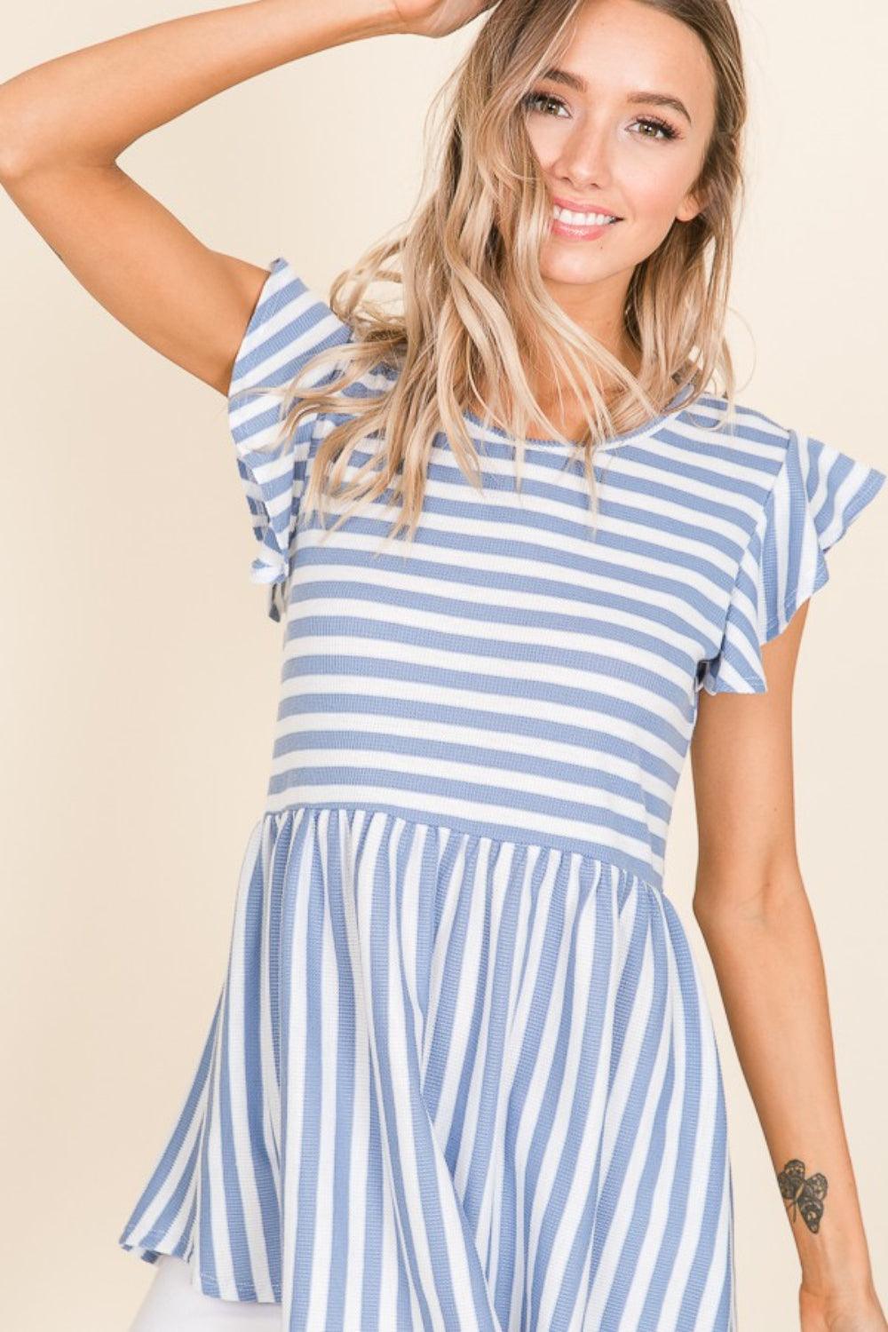 BOMBOM Striped Round Neck Blouse - Abundia House