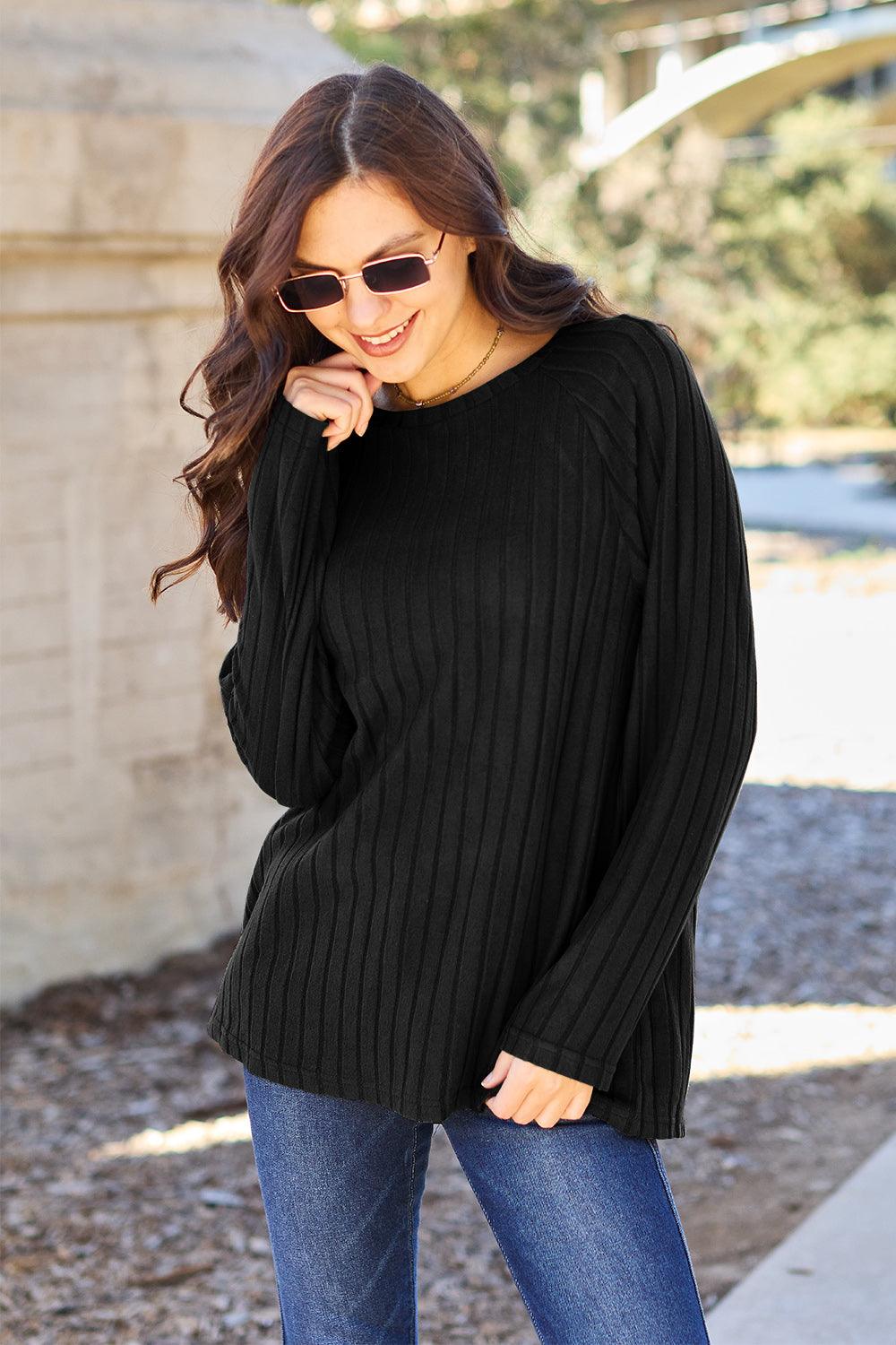 Basic Bae Full Size Ribbed Round Neck Long Sleeve Knit Top - Abundia House