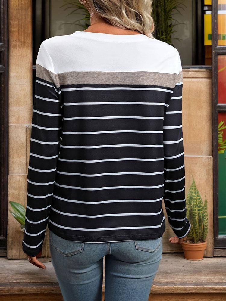 Striped Round Neck Long Sleeve T-Shirt - Abundia House