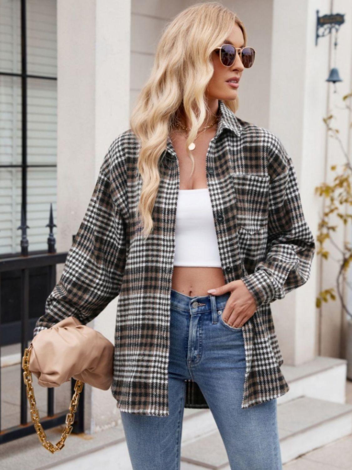 Pocketed Plaid Collared Neck Long Sleeve Shirt - Abundia House