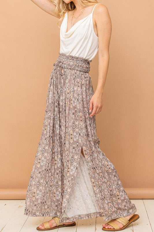 And The Why Printed Smocked Waist Slit Wide Leg Pants - Abundia House