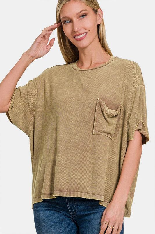 Zenana Ribbed Round Neck Drop Shoulder T-Shirt - Abundia House