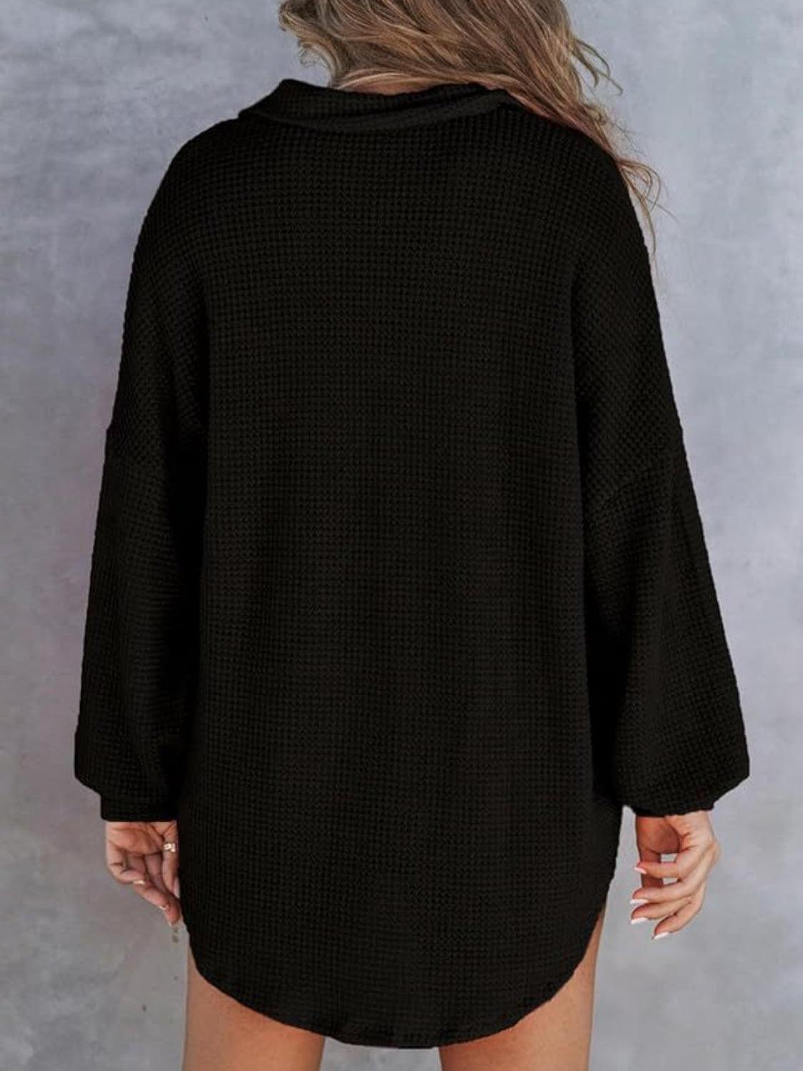 Waffle-Knit Dropped Shoulder Long Sleeve Sweatshirt - Abundia House