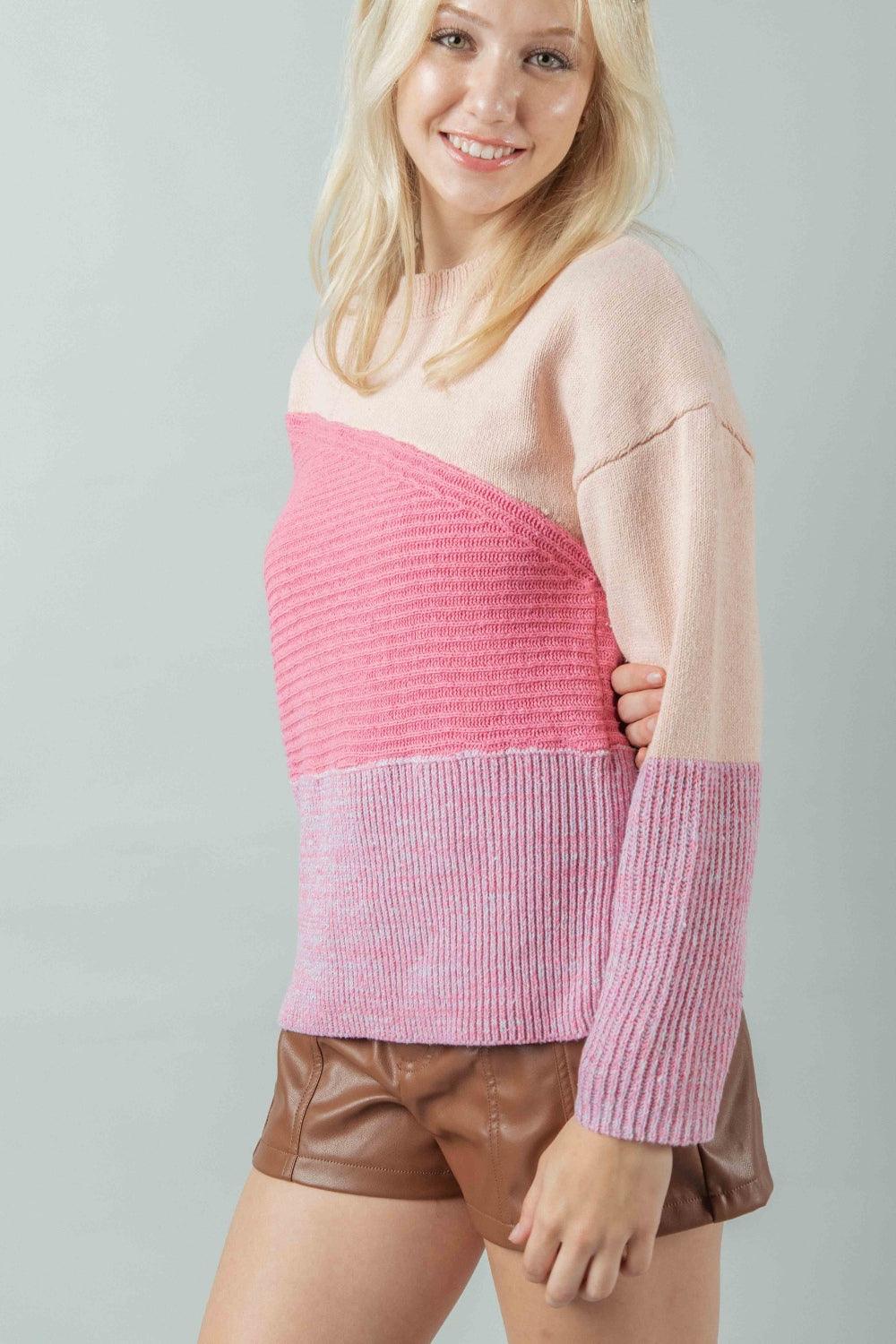 VERY J Color Block Long Sleeve Sweater - Abundia House