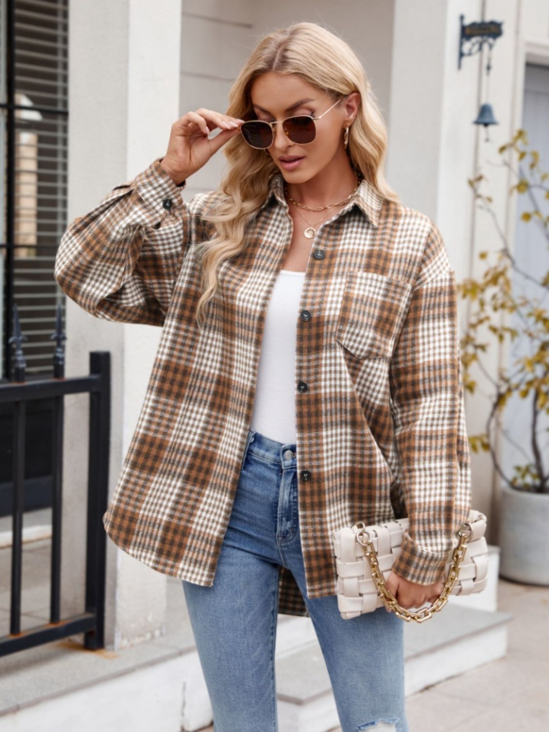 Pocketed Plaid Collared Neck Long Sleeve Shirt - Abundia House