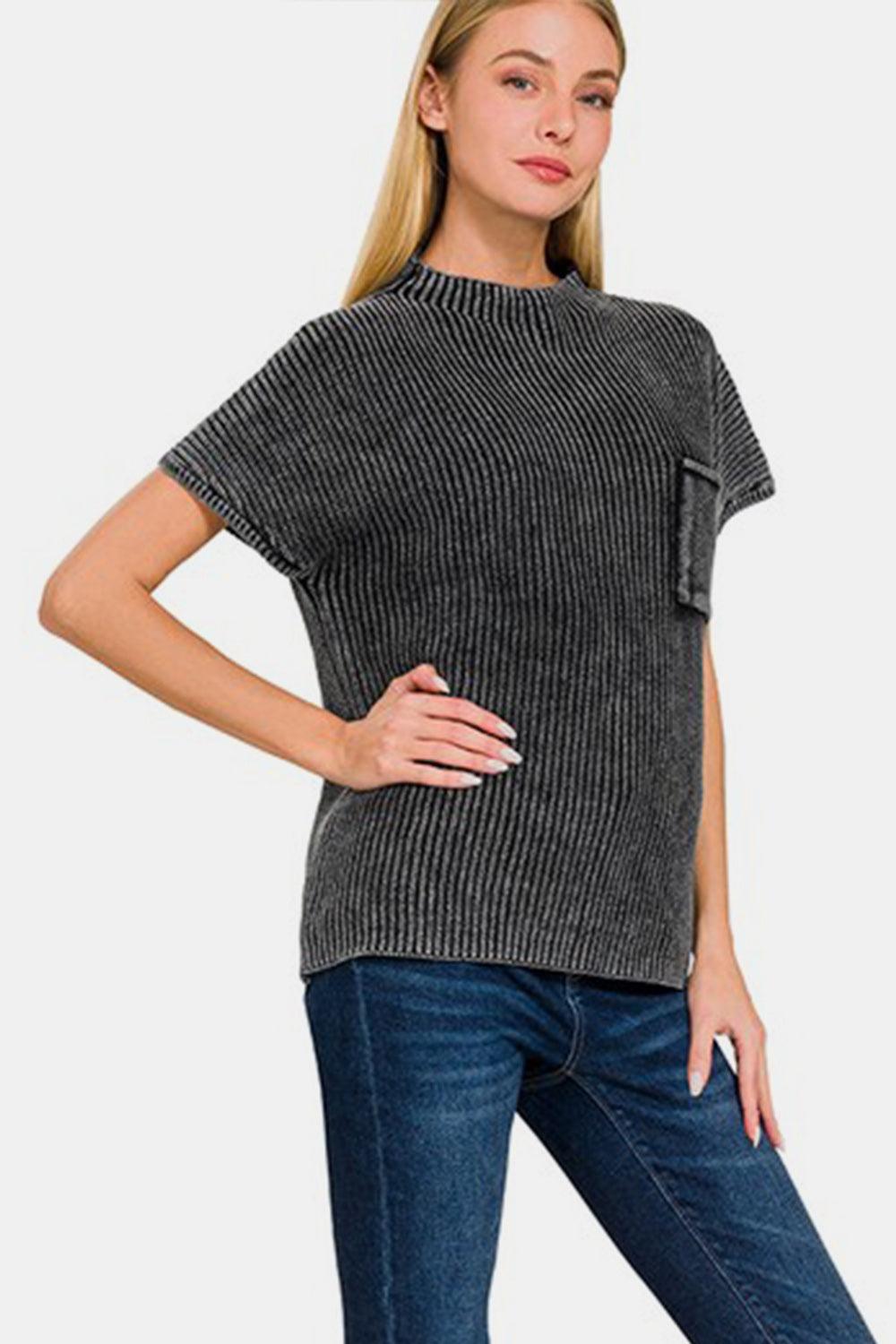 Zenana Pocketed Mock Neck Short Sleeve Sweater - Abundia House