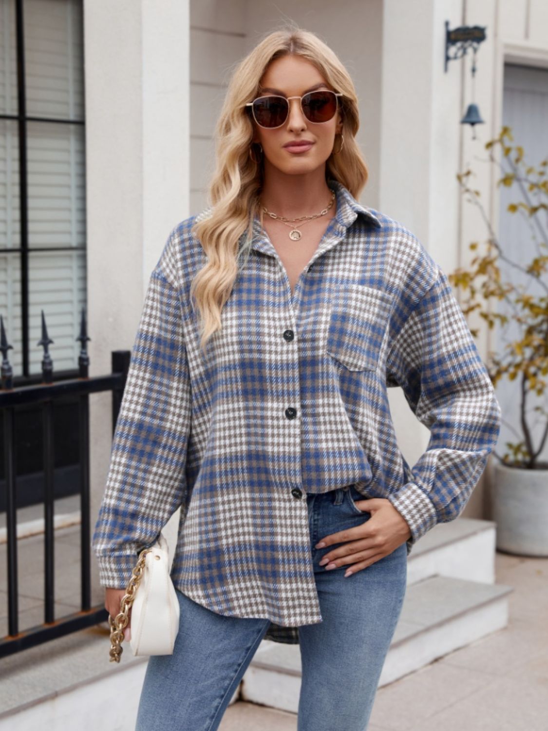 Pocketed Plaid Collared Neck Long Sleeve Shirt - Abundia House