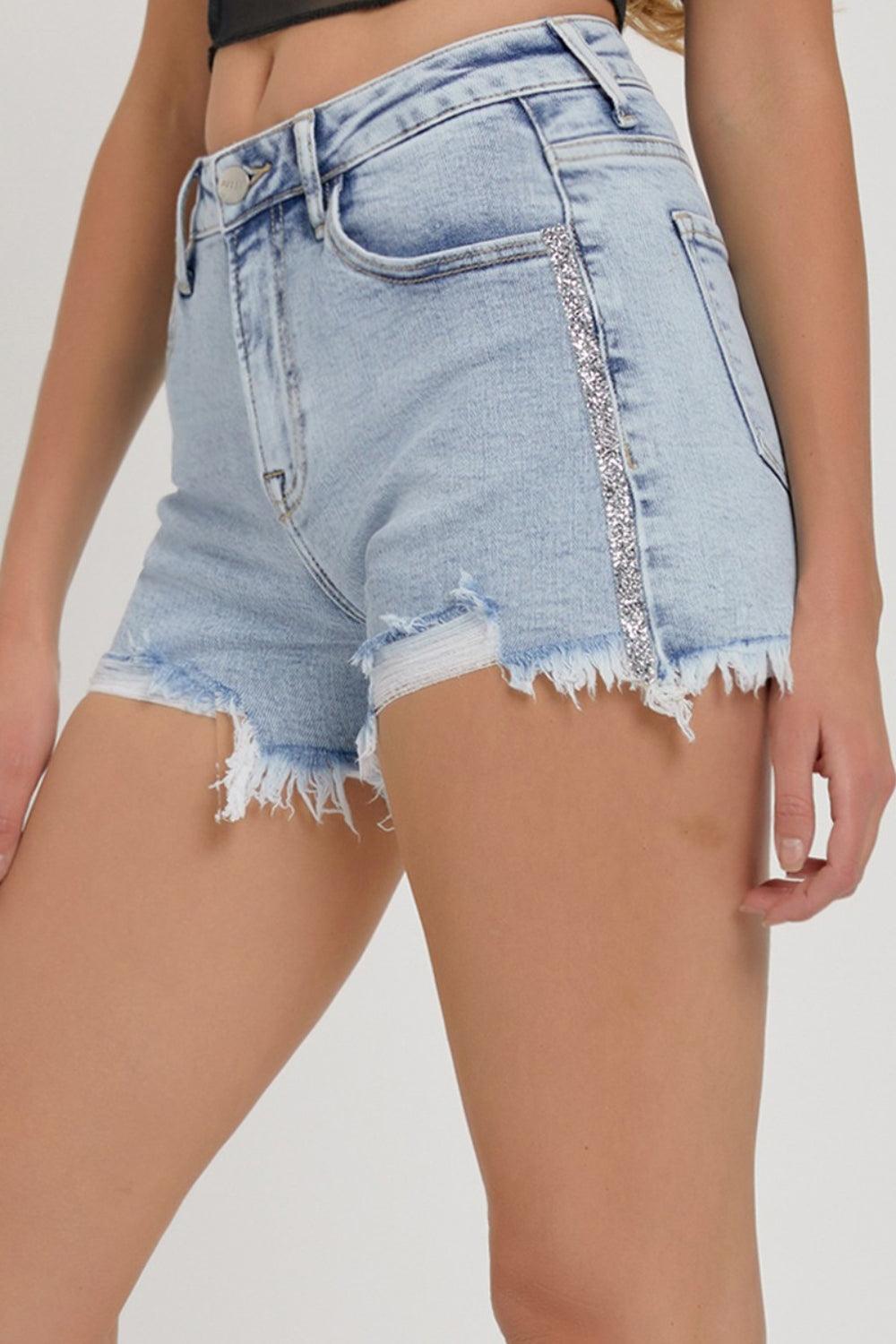 RISEN Full Size High Rise Rhinestone Strap Embellished Denim Shorts - Abundia House