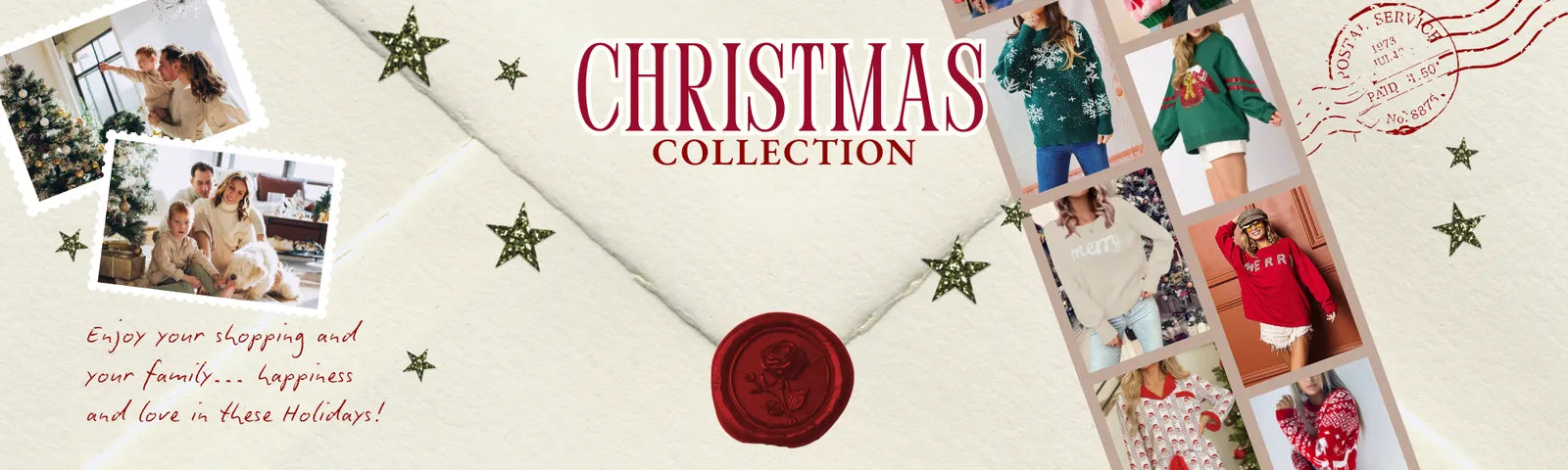 Christmas-themed promotional banner with family photos and text on a decorative background.