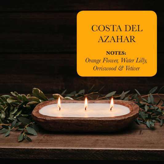 3-Wick Hand Carved Dough Bowl Decor Soy Candle - Costa Del Ahazar, an Orange Blossom Fragrance