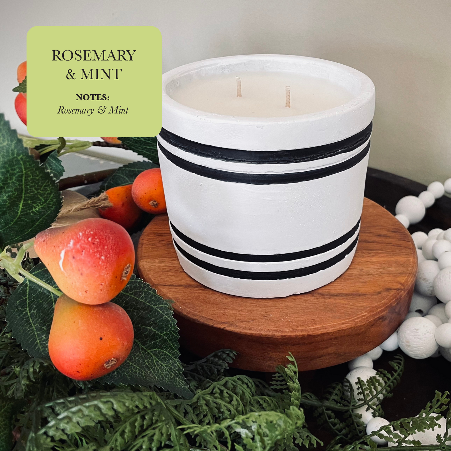 Luxury Small Striped Stone Designer Candle - Rosemary & Mint