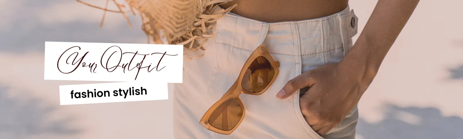 Person holding sunglasses with a blurred beach background, featuring the brand 'Your Outfit'.